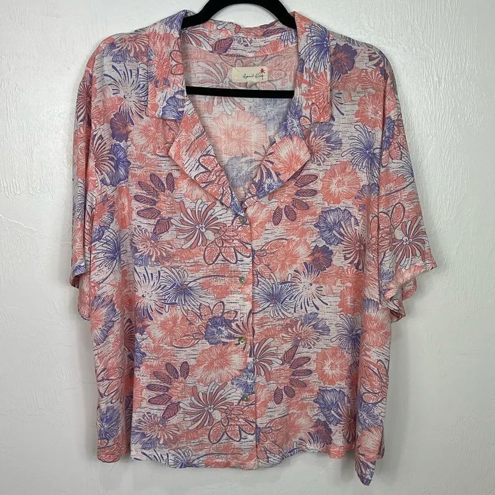 April Kiss Tropical Floral Short Sleeve Button Down Shirt Size XL